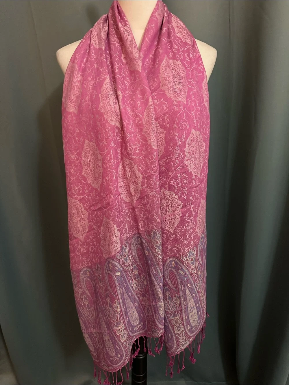 NWT 100% Cashmere Pashmina Shawl Wrap Pink Paisley Fringe Scarf Soft 70x180 cm
